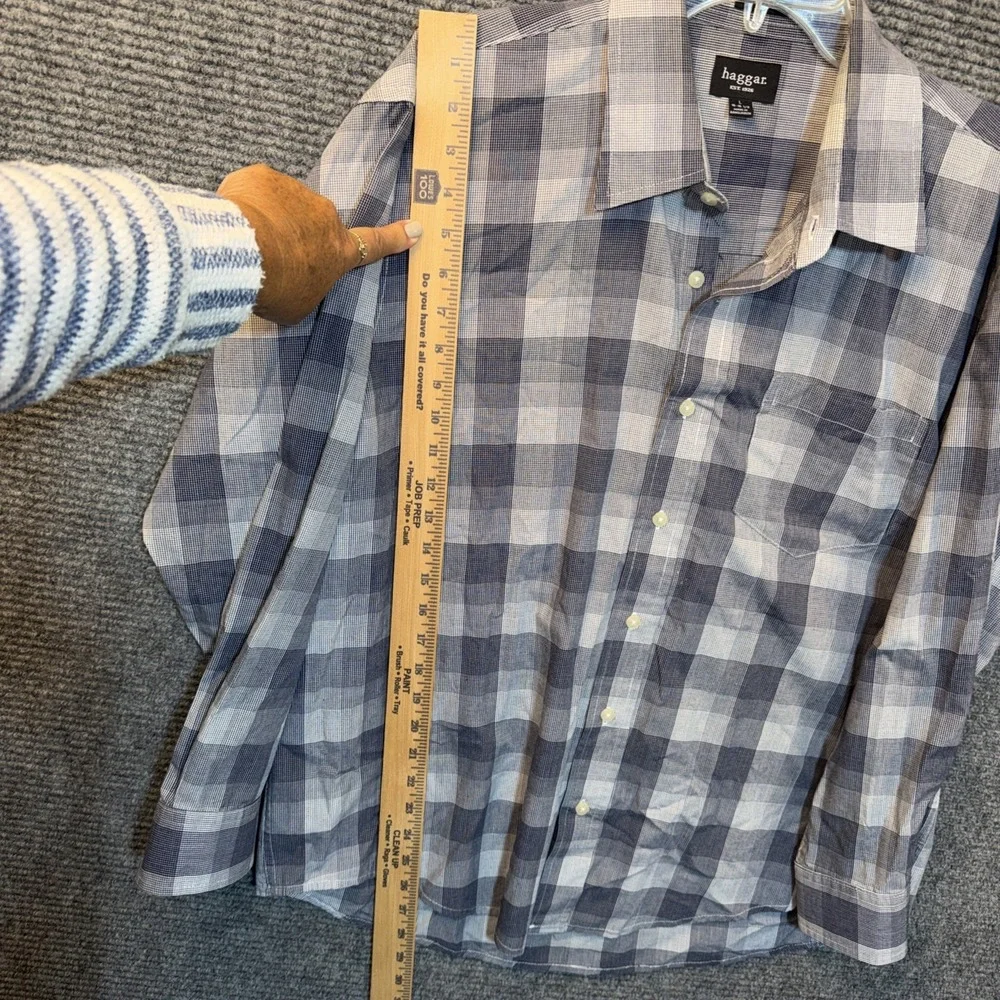 Haggar No Iron Mens Large Blue Plaid Wrinkle Resistant Button Down Long Sleeve